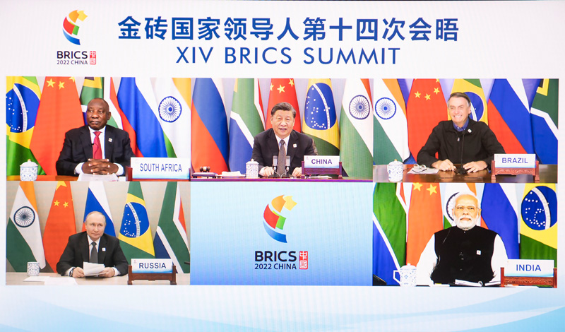 6月23日晚,国家主席习近平以视频方式主持金砖国家领导人第十四次会晤,南非总统拉马福萨、巴西总统博索纳罗、俄罗斯总统普京、印度总理莫迪出席 图源:新华社